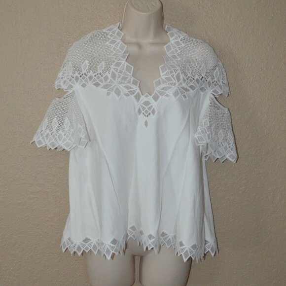 Sz 0 Jonathan Simkhai White Lace Detail Cut Out Shoulder Sleeve Blouse Top - Picture 1 of 6